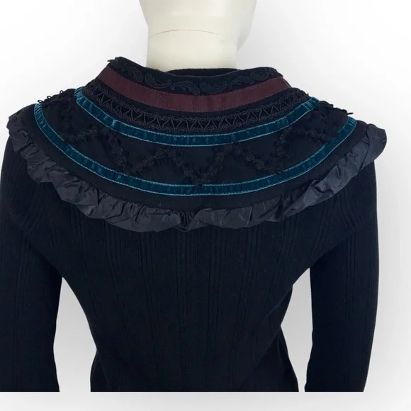 Etro Black & Teal Ruffled Cardigan Soft Angora Lace & Ribbon Detail M/44/8 - Picture 11 of 12